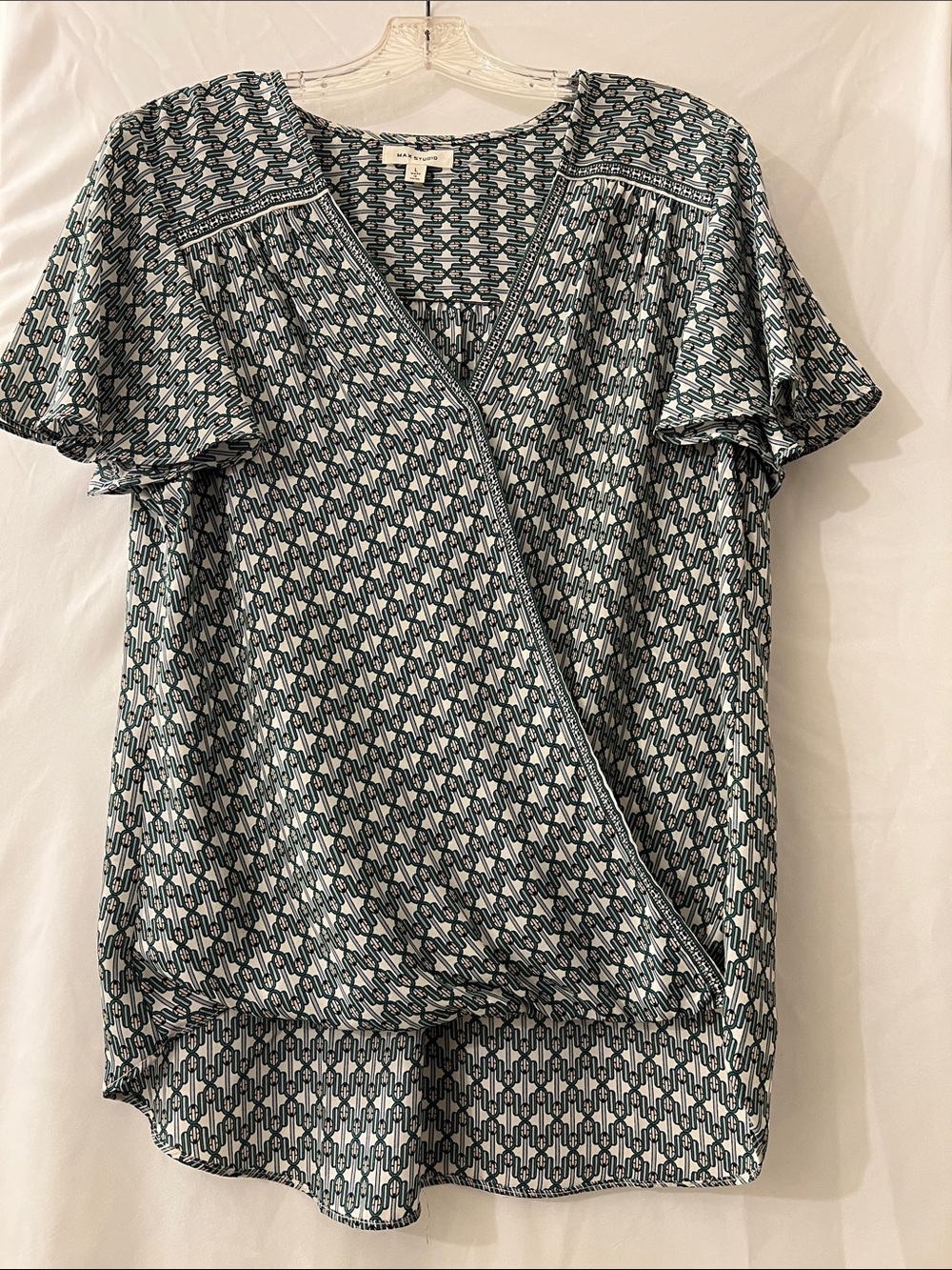Max Studio Teal and White Geometric Faux-Wrap Blouse